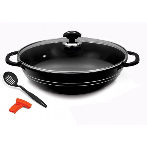 Omega Granite Non-Stick Karahi Wok with Glass Lid – Eco-Friendly, Induction Compatible + Free Serving Spoon & Silicone Handle Grips