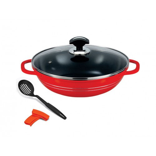 Omega Granite Non-Stick Karahi Wok with Glass Lid – PTFE & PFOA Free | Eco-Friendly Cooking Pan with Free Serving Spoon & Silicone Handle Grips